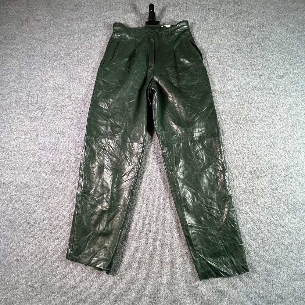 Vintage Maxima Pants Women 12 Dark Green Leather High Waisted Pleated Gothic 90s
